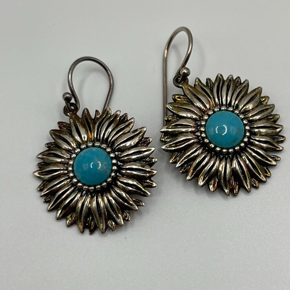 925 Sterling Silver Turquoise‎ Sunflower Earrings – Oxidized Vintage Style